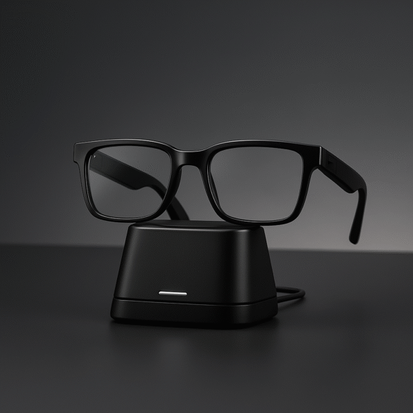 Echo Frames 3rd Gen Modern Rectangle on a charging stand, sleek background.