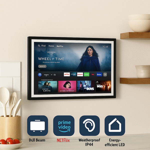Echo Show 15 mounted on a kitchen wall, displaying Fire TV content.
