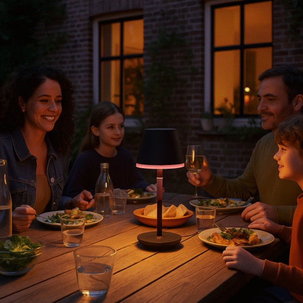 Family using lamp outside during an evening dinner.