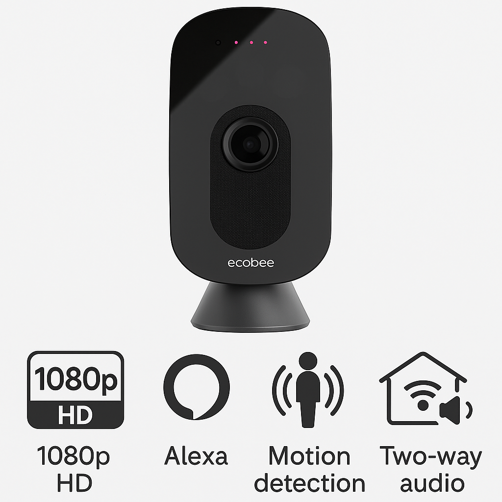 Feature Overlay Image Icons for 1080p HD video, Alexa built-in, motion detection, whole home sensors, two-way audio.