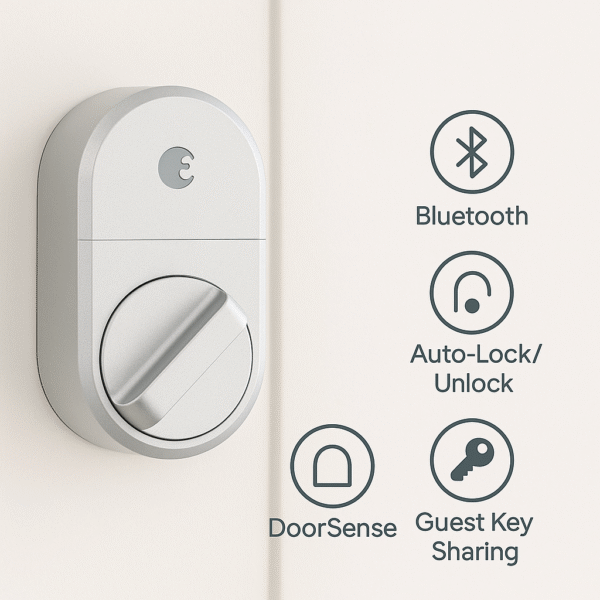 Feature Overlay Image Icons for Bluetooth, auto-lock & unlock, DoorSense, guest key sharing.