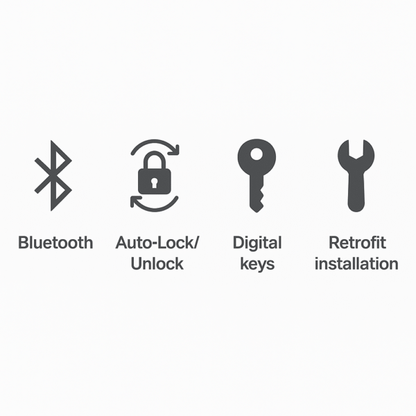 Feature Overlay Image Icons for Bluetooth, auto-lock unlock, digital keys, retrofit installation.