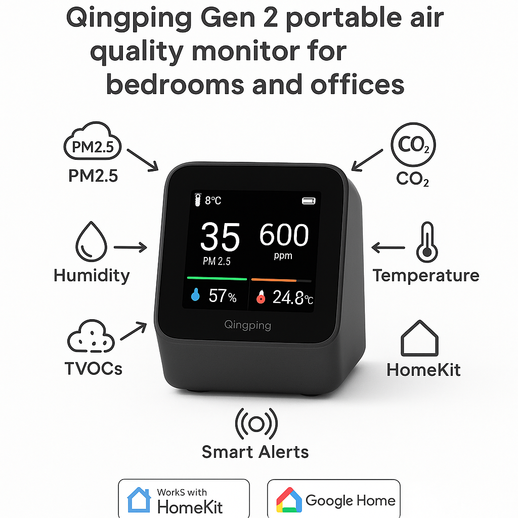 Feature Overlay Image Icons for PM2.5, CO₂, TVOCs, Temperature, Humidity, Smart Alerts, and HomeKit Google Home around the monitor with arrows pointing to the display.