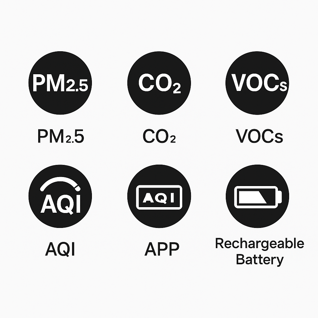 Feature Overlay Image Icons for PM2.5, CO₂, VOCs, HCHO, AQI, rechargeable battery.