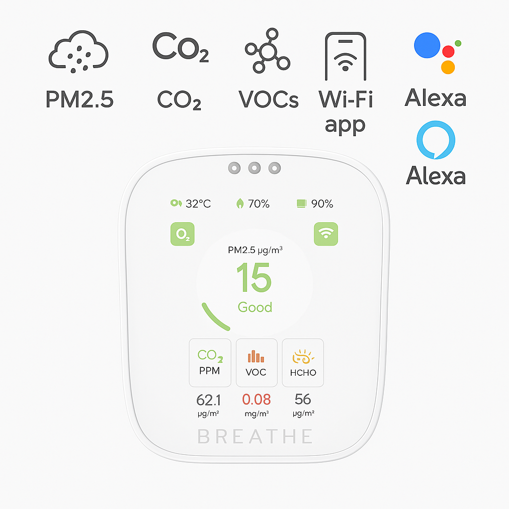 Feature Overlay Image Icons for PM2.5, CO₂, VOCs, HCHO, Wi-Fi app, Alexa Google compatibility.