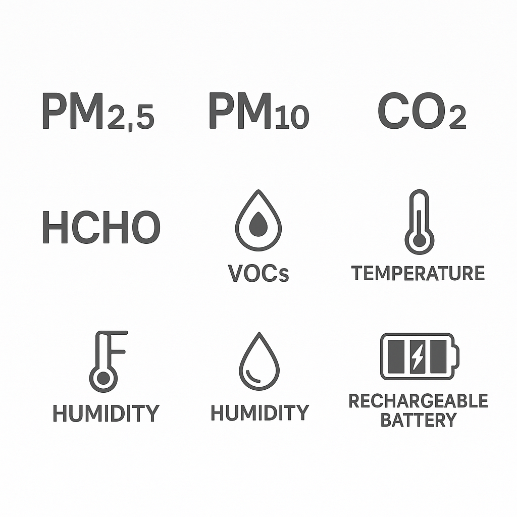 Feature Overlay Image Icons for PM2.5, PM10, CO₂, HCHO, VOCs, temperature, humidity, rechargeable battery.