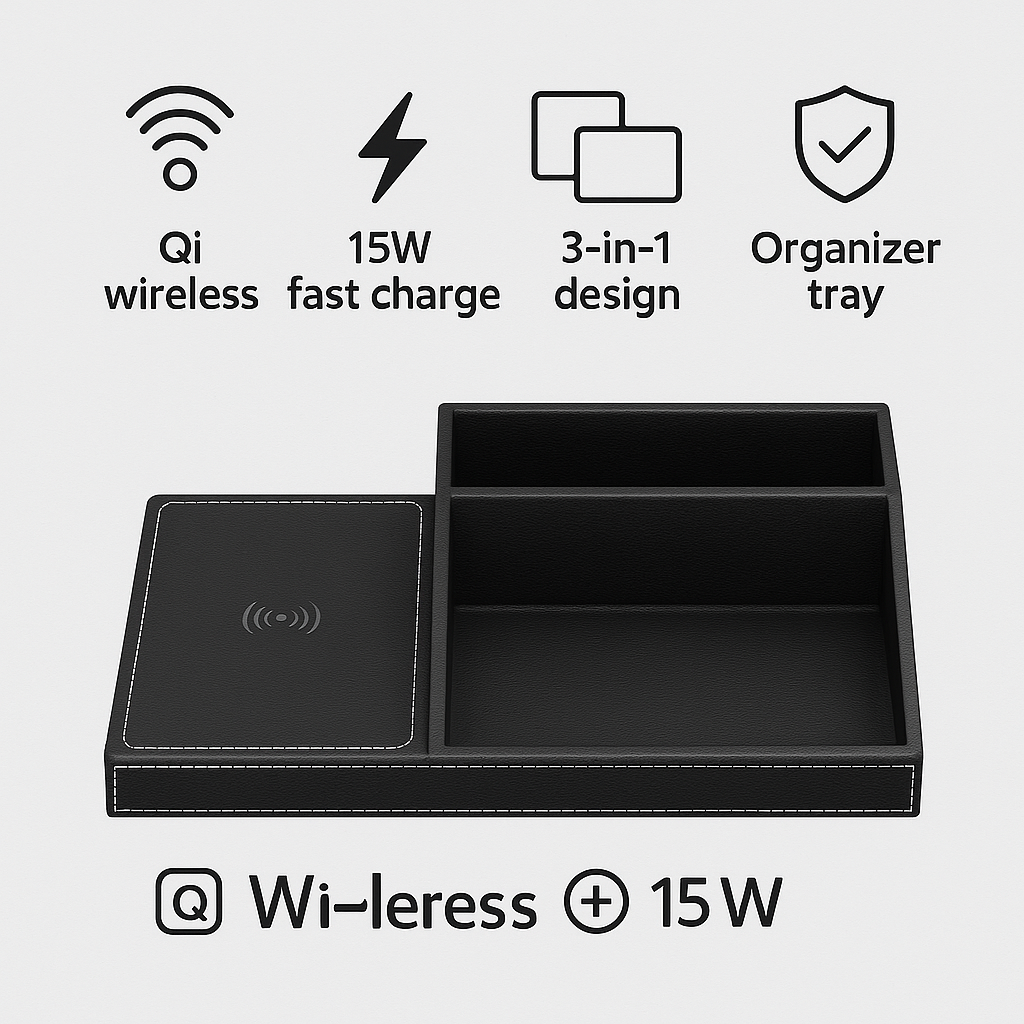 Feature Overlay Image Icons for Qi wireless, 15W fast charge, 3-in-1 design, organizer tray, safety features.