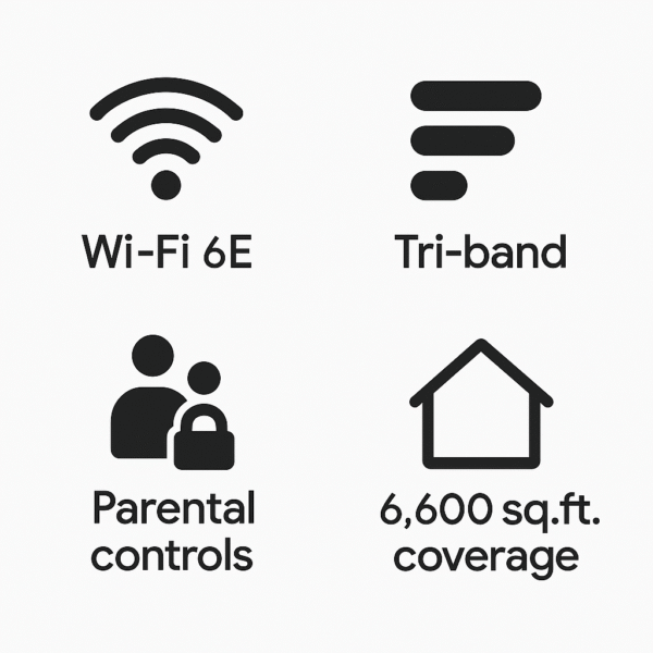 Feature Overlay Image Icons for Wi-Fi 6E, tri-band, parental controls, and 6,600 sq. ft. coverage.