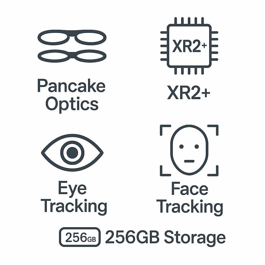 Feature Overlay Image Icons for pancake optics, XR2+, eye tracking, face tracking, 256GB storage.