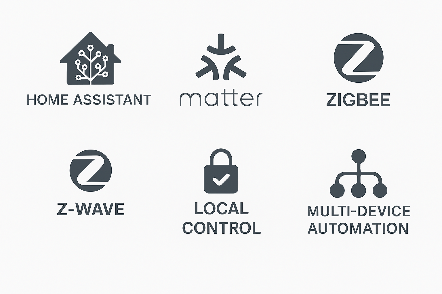 Feature Overlay Image → Icons for Home Assistant, Matter, Zigbee, Z-Wave, Local Control, Privacy, and Multi-Device Automation.