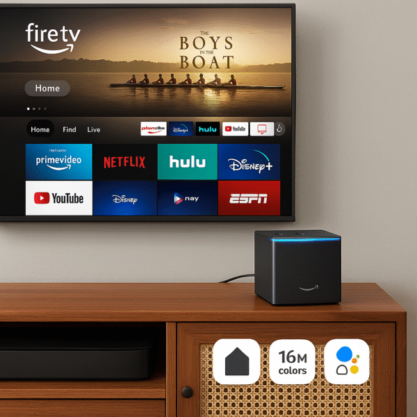 Fire TV Cube on a media console connected to a 4K TV with streaming apps on screen.