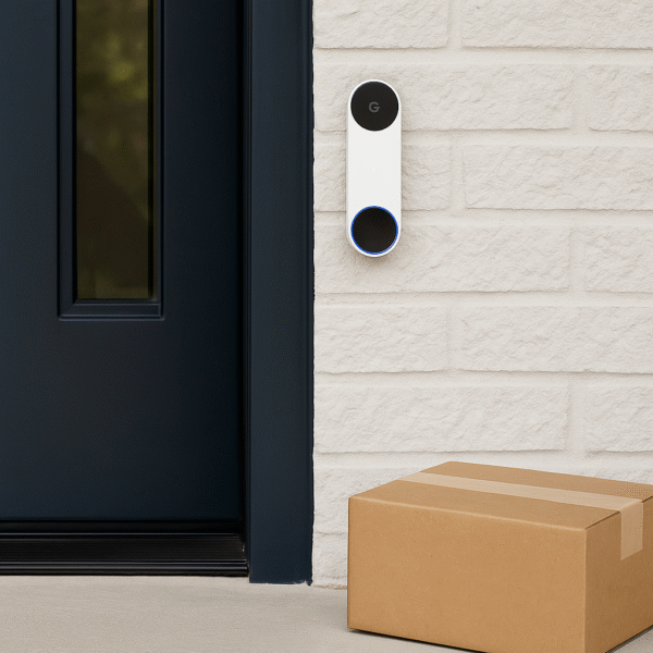 Google Nest Doorbell (Wired, 2nd Gen) installed on a front porch with a package visible.