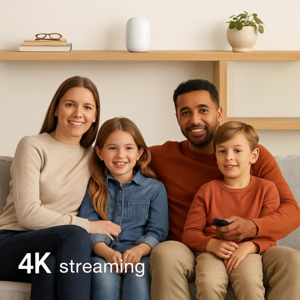 Lifestyle Image A family streaming 4K video with one unit visible on a shelf.