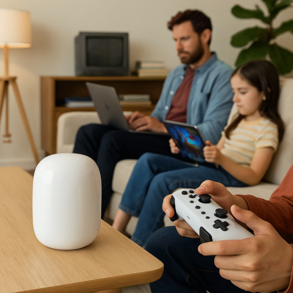 Lifestyle Image A gamer or family streaming on multiple devices with the router visible.