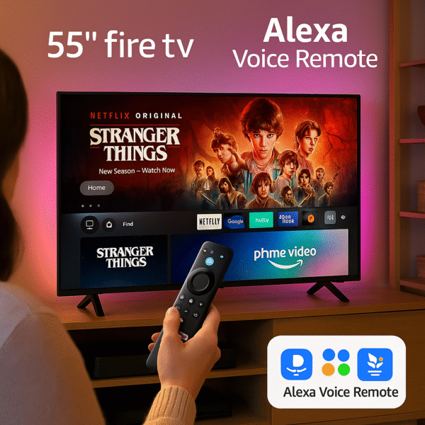 Lifestyle Image A user controlling the TV with Alexa Voice Remote while smart lights adjust in background.