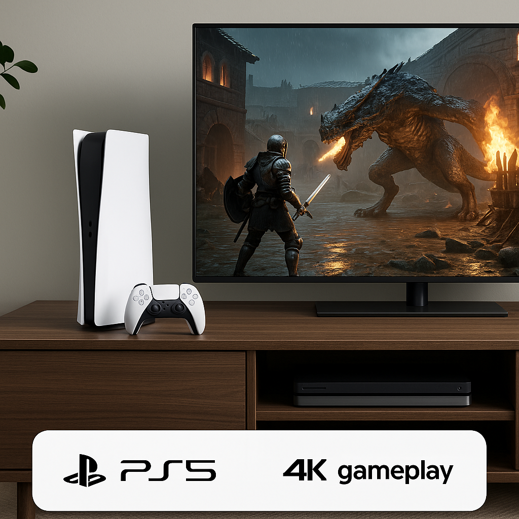 Lifestyle Image Console in a sleek entertainment setup with TV showing 4K gameplay