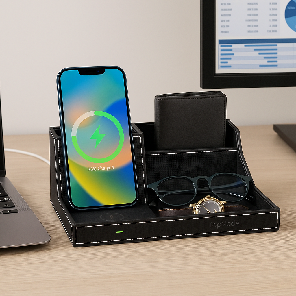 Lifestyle Image Desk setup with phone charging while tray holds wallet, watch, and glasses.