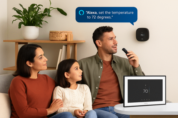 Lifestyle Image Family adjusting thermostat via Alexa voice command.