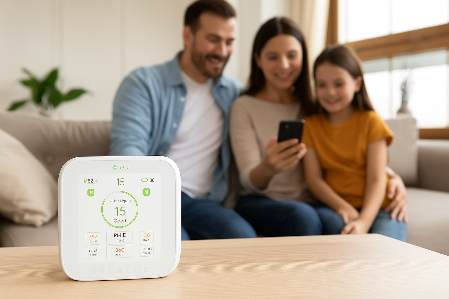 Lifestyle Image Family checking BREATHE app while device monitors air in living room.
