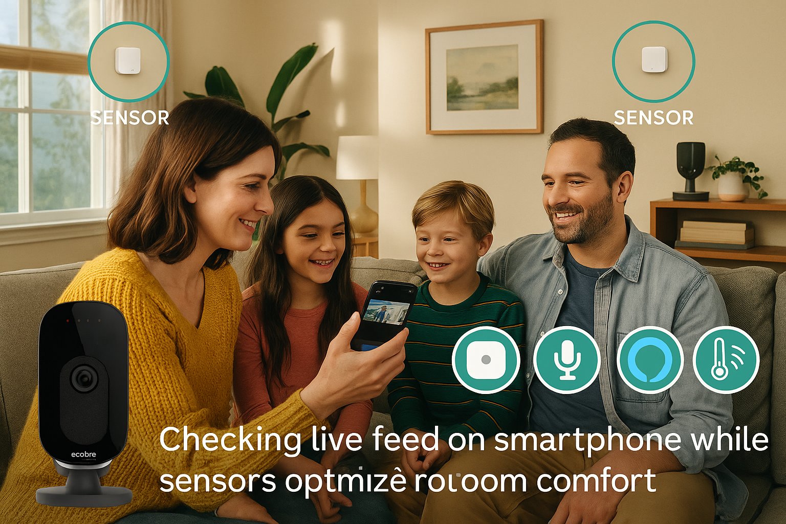 Lifestyle Image Family checking live feed on a smartphone while sensors optimize room comfort.