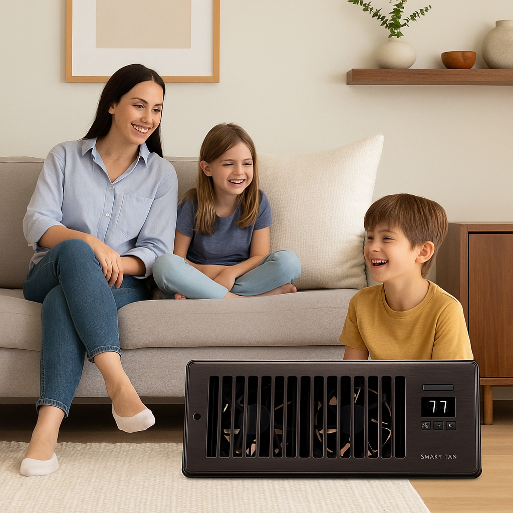 Lifestyle Image Family in a living room enjoying balanced airflow with booster fan in background.