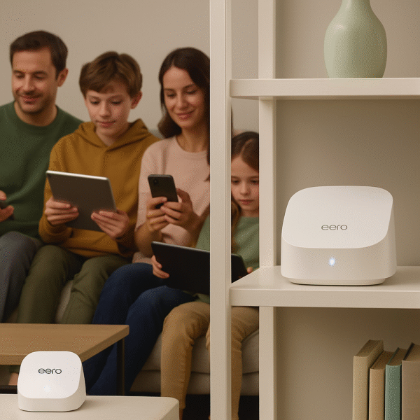 Lifestyle Image Family streaming on multiple devices while the eero 6+ sits on a shelf.