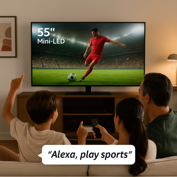 Lifestyle Image Family using Alexa voice commands while watching a sports event.