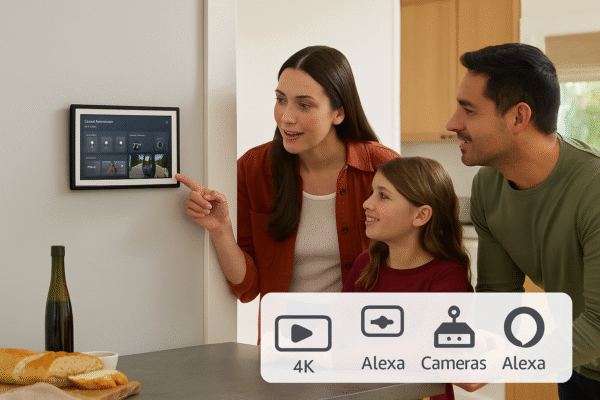 Lifestyle Image Family using Echo Hub in a kitchen to control lights and view Ring doorbell feed.