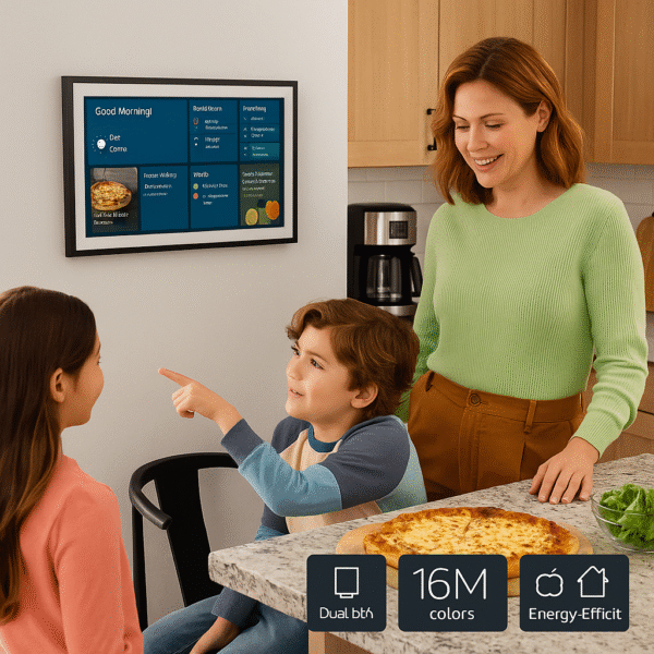 Lifestyle Image Family using Echo Show in the kitchen with widgets showing calendar and recipes.