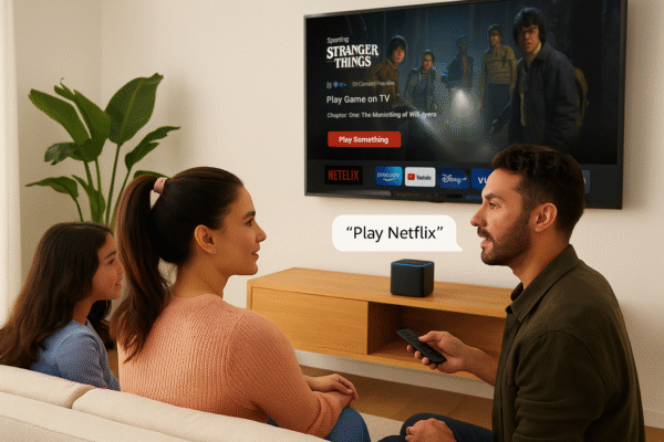 Lifestyle Image Family using voice commands to play Netflix with Fire TV Cube.