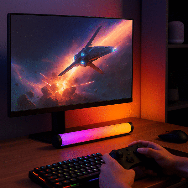 Lifestyle Image Gaming setup with Compact Tube syncing with screen visuals.