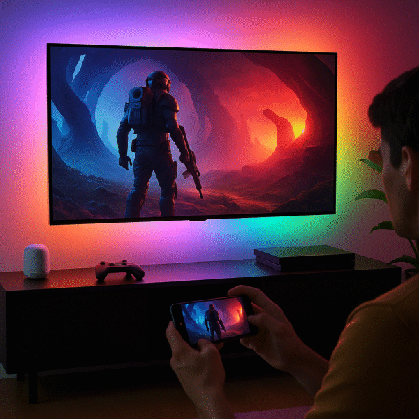 Lifestyle Image Gaming setup with the 55 Hue Gradient Lightstrip syncing in real-time with visuals.