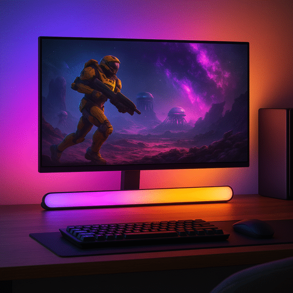 Lifestyle Image Gaming setup with the Light Tube glowing in sync with on-screen visuals.