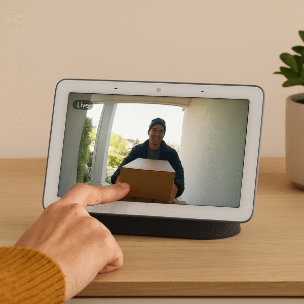 Lifestyle Image Homeowner viewing a live stream on a Nest Hub smart display.