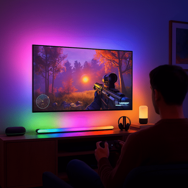 Lifestyle Image Large-screen gaming setup with gradient backlighting glowing behind the TV