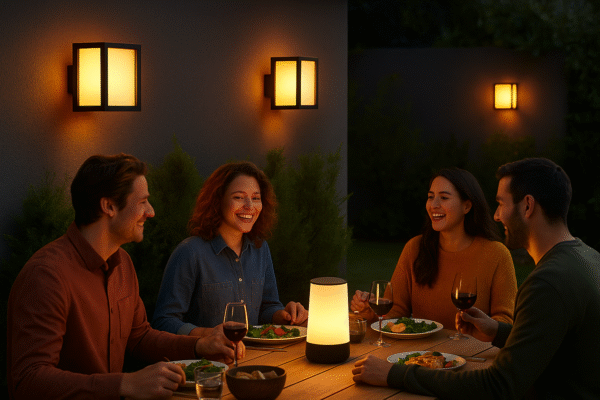 Lifestyle Image Outdoor dinner party with the Econic lights illuminating the garden wall.
