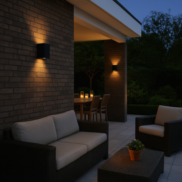 Lifestyle Image Outdoor patio with Resonate lights casting elegant dual beams in warm white.