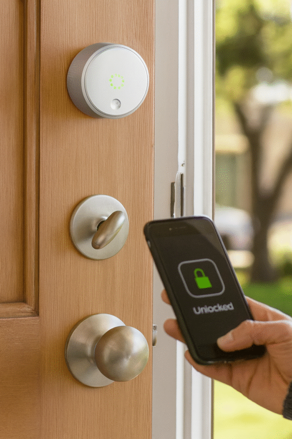 Lifestyle Image Person unlocking the door via smartphone with lock installed.