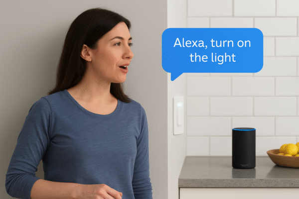 Lifestyle Image User giving Alexa command near the Switch+ in a kitchen.