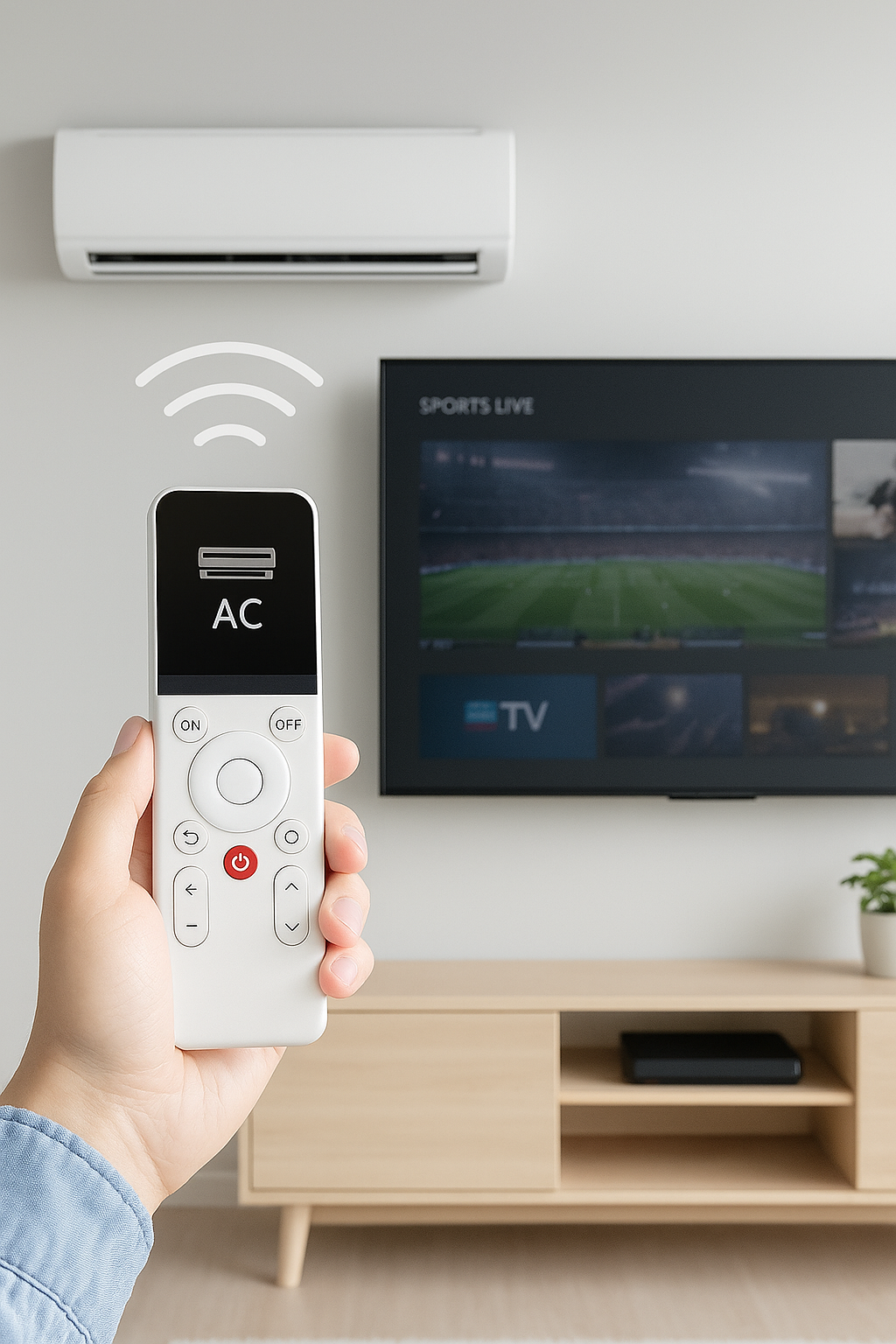Lifestyle Image User switching between TV and AC with one remote.