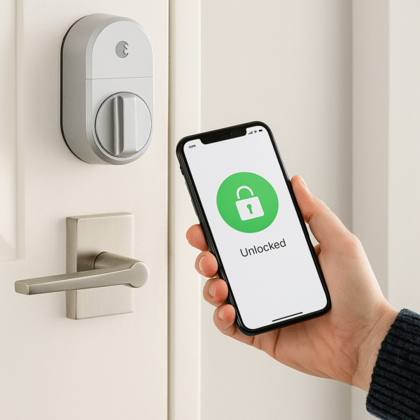 Lifestyle Image User unlocking door via smartphone with lock installed.