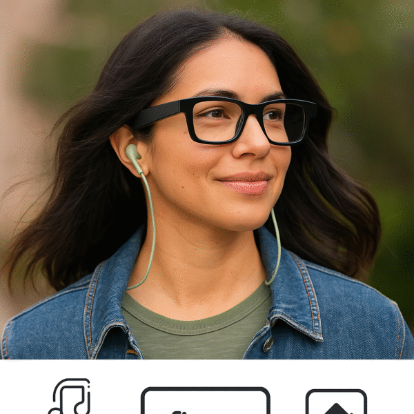 Lifestyle Image User wearing Echo Frames outdoors, listening to music while walking.