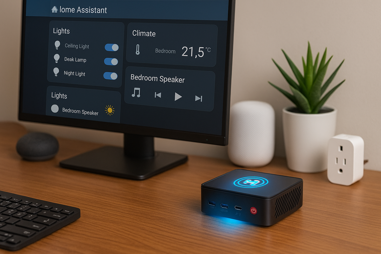 Lifestyle Image → Home office setup with the TK Two Mini running on a desk beside a monitor showing the Home Assistant dashboard.