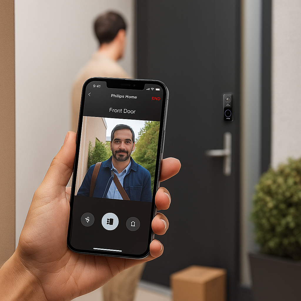 Lifestyle Image → User checking the Philips Home app on their smartphone while receiving a doorbell alert.