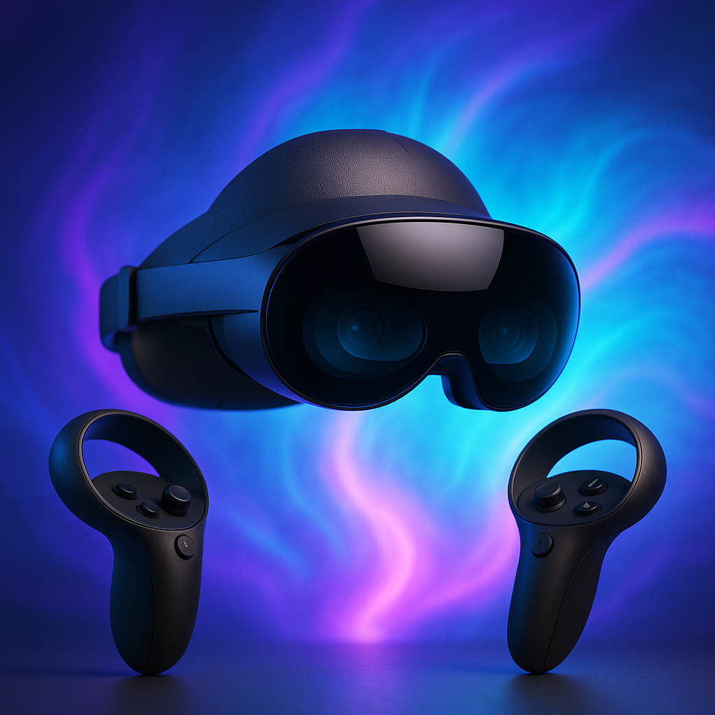 Meta Quest Pro headset with Touch Pro controllers, glowing MR background.