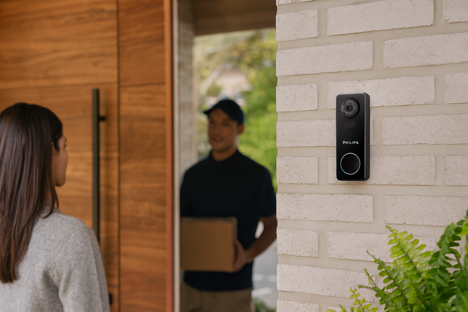 Philips 7000 Series Doorbell mounted on a modern front porch with a visitor at the door.