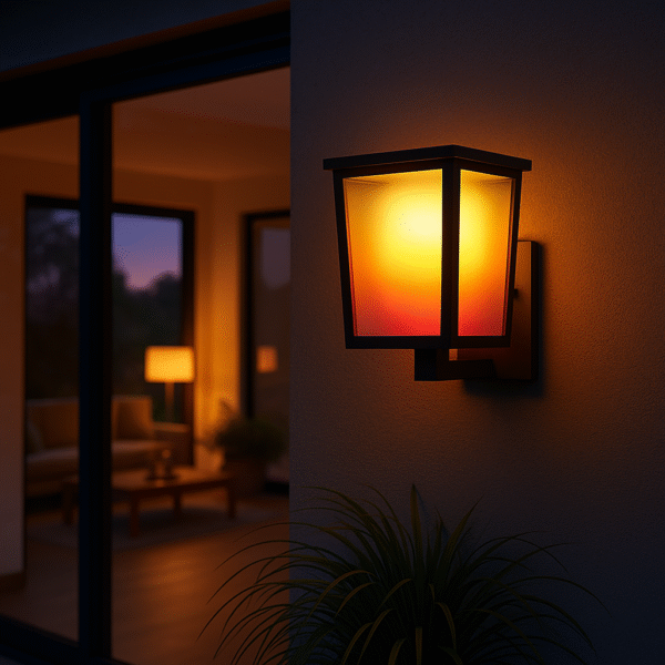 Philips Hue Econic Square Wall Light glowing in warm gradient colors on a modern patio wall.