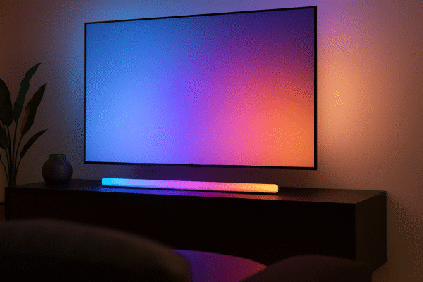 Philips Hue Play Gradient Light Tube (Large) placed under a large TV glowing in multi-color gradient.