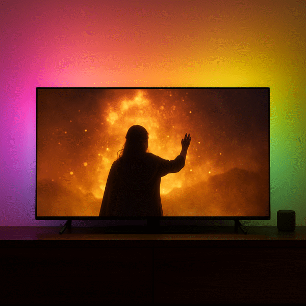 Philips Hue Play Gradient TV Lightstrip (55 inch) mounted on the back of a TV glowing in multiple gradient colors during a movie.
