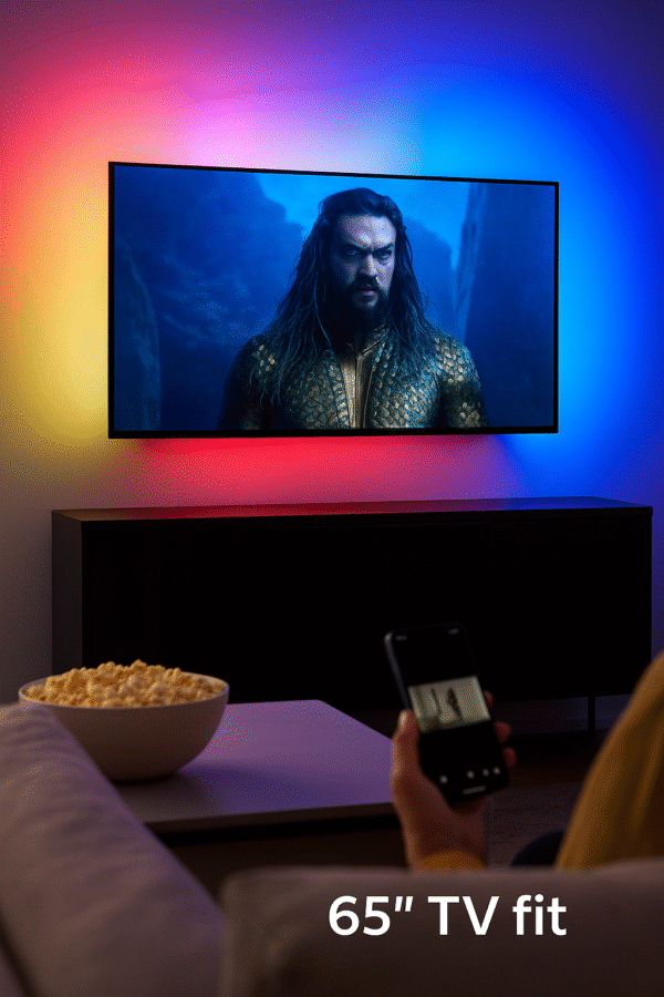 Philips Hue Play Gradient TV Lightstrip (65 inch) mounted on the back of a 65-inch TV glowing in multiple colors during a movie scene.